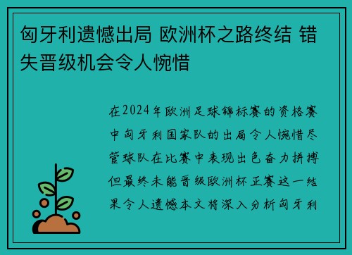 匈牙利遗憾出局 欧洲杯之路终结 错失晋级机会令人惋惜