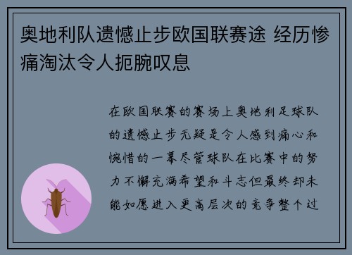 奥地利队遗憾止步欧国联赛途 经历惨痛淘汰令人扼腕叹息