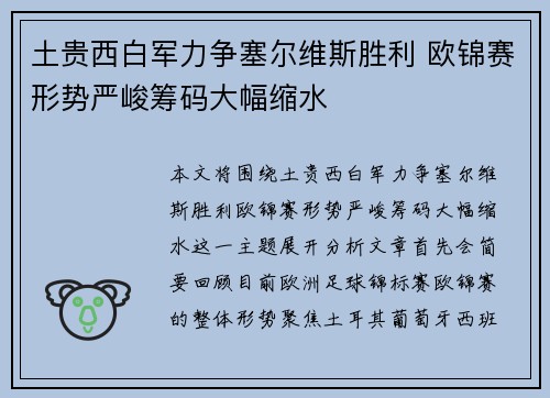 土贵西白军力争塞尔维斯胜利 欧锦赛形势严峻筹码大幅缩水